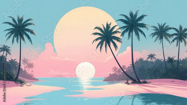 Fototapeta A colorful sunset over a tropical beach with palm trees swaying in the breeze