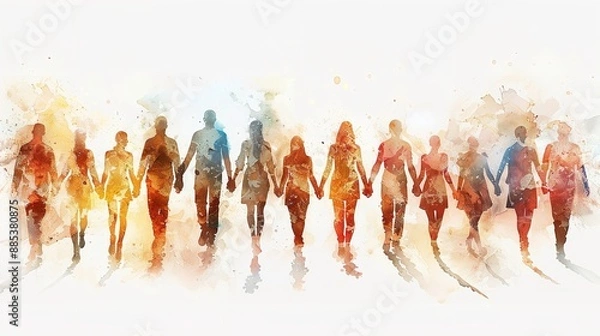 Fototapeta Group of workers painted in watercolor with copy space for text, labor day banner back view, Ai generated image