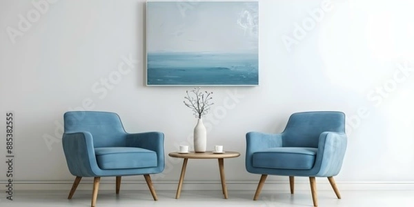 Fototapeta Two blue chairs wooden table vase cups on table ocean painting. Concept Furniture, Home Decor, Art, Interior Design, Ocean Art