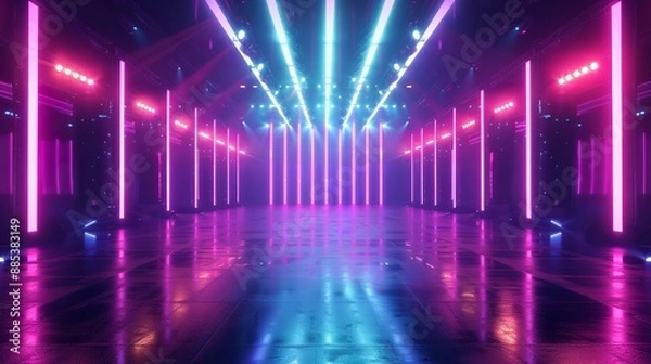 Fototapeta Empty stage, blue and pink, purple neon, modern conceptual background. Rays of searchlights, light, modern conceptual tunnel, corridor