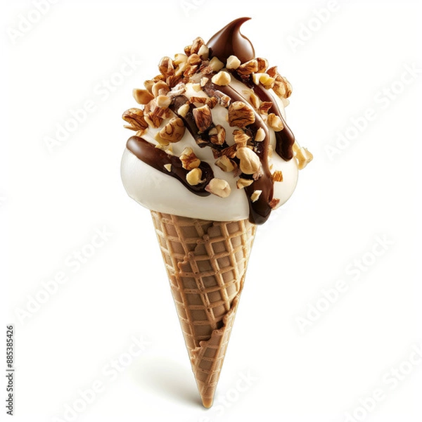 Fototapeta a chocolate white cream cone covered in joyful nuts on top isolated on white background Generative Ai