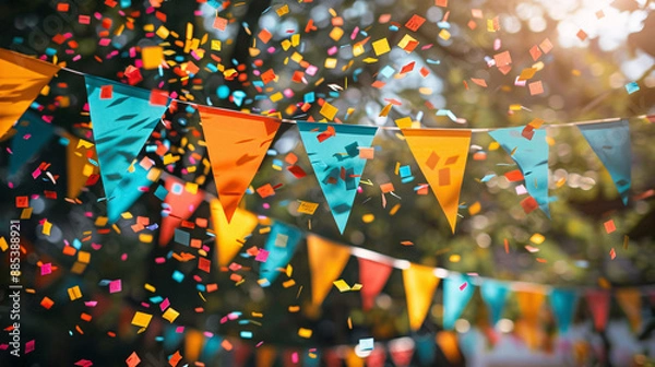 Obraz Bright and cheerful party banner with streamers and confetti for an outdoor celebration