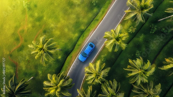 Fototapeta Top view of car driving on the road Generative Ai