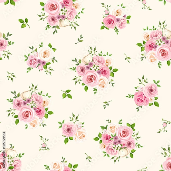 Fototapeta Floral seamless pattern with pink and white rose flowers and green leaves on a yellow background. Vector vintage floral print