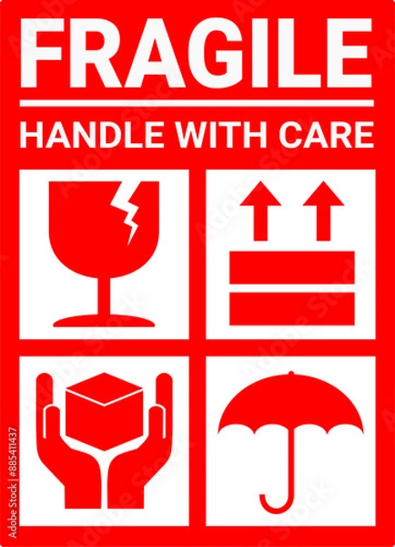 Fototapeta sticker fragile handle with care, red fragile warning label with broken glass symbol, this side up sign, keep dry and avoid liquid sign