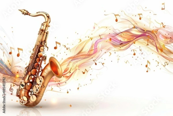 Fototapeta A saxophone with musical notes, wind instrument, 3D realistic, shiny brass, isolated on white background