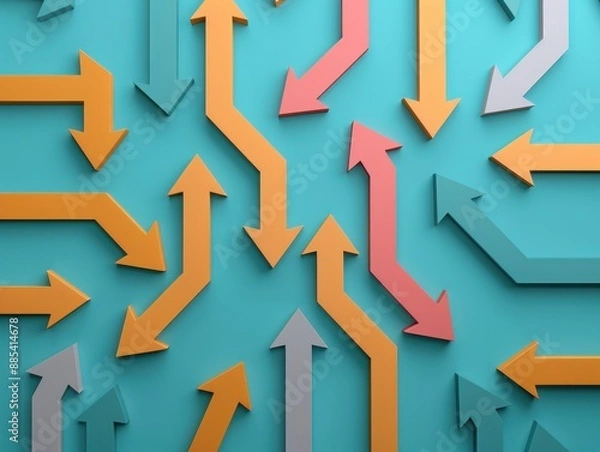 Obraz Colorful 3D arrows on a blue background, symbolizing direction, choice, and complexity in a vibrant and dynamic abstract pattern.