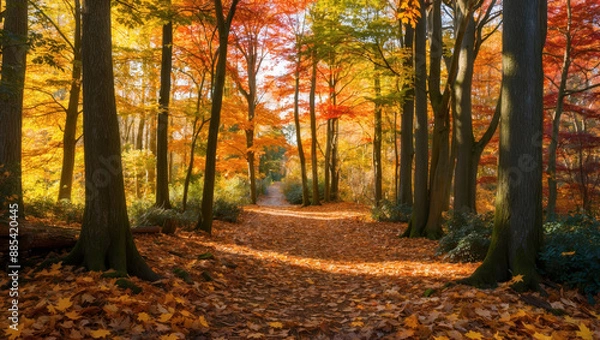 Fototapeta Autumn Forest with Fallen Leaves and Sunlight Filtering Through Trees