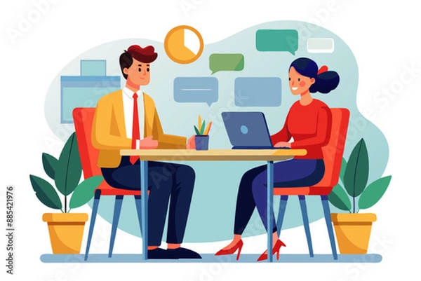 Fototapeta candidate and HR manager having job interview; flat vector illustration concept