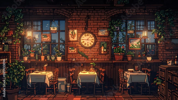 Fototapeta Pixel art of a pretty dining room with pixelated dishes and a decorative wall