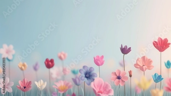 Fototapeta Colorful Spring Flowers in Pastel Tones Blooming in a Soft Sunlit Field with Clear Blue Sky Background - Ideal for Spring Themes, Greeting Cards, and Nature-Inspired Design Projects
