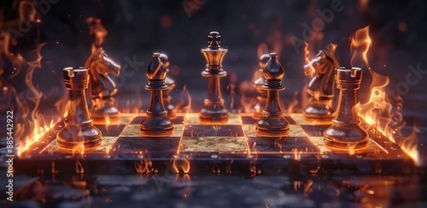 Fototapeta several chess pieces on a chess board with a fire effect on a black background