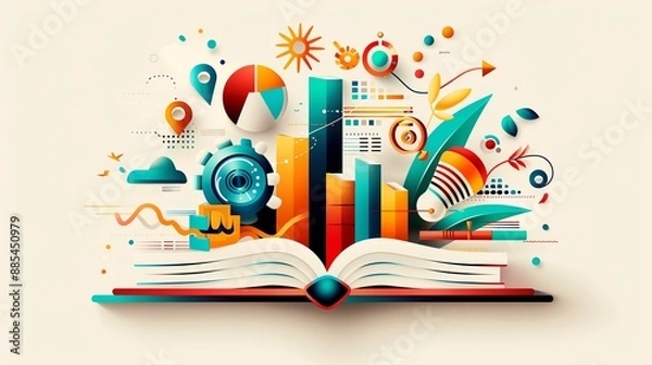 Obraz Colorful infographic concept illustrating data analysis, business growth, and knowledge from an open book. Modern and vibrant design.