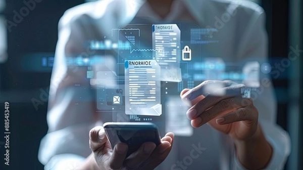 Fototapeta Invoice and online digital statements concept. Businessman using smartphone with invoice icons on virtual screen 