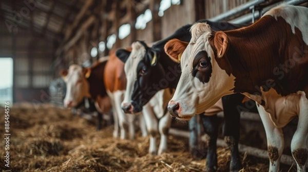 Obraz Cows standing in a pen in a modern farm Shows the livestock industry This scene captures the well-maintained and spacious environment where cattle are raised.