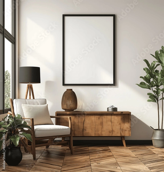 Fototapeta Stylish Minimalist Living Room with Wooden Sideboard and Indoor Plants with an Empty Poster Template