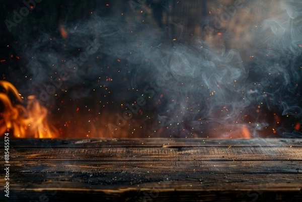 Fototapeta Blank wooden table with a fire burning at the edge of the table, fire sparks and smoke with flames on a dark background to display products