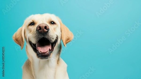 Obraz Happy Labrador Retriever Dog Smiling in Front of Blue Background