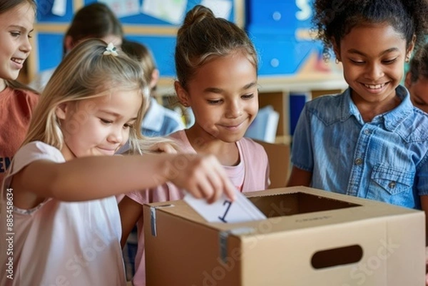 Fototapeta Young children participating in a classroom election, casting their votes into a ballot box. Education, civic engagement, and learning.