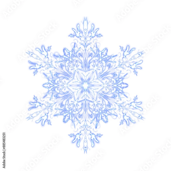Fototapeta Blue glowing transparent snowflake, isolated. Merry Christmas and Happy New Year. Simple neon light. Shining winter, xmas lamp. Fluorescent, luminescent illumination. Png