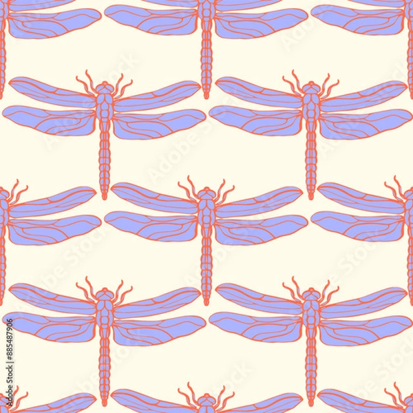 Fototapeta Seamless vector pattern with purple-orange dragonfly on a beige background. Endless background.