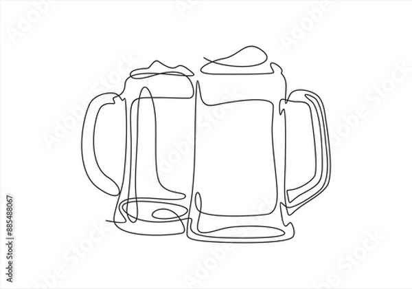 Fototapeta Two glasses of beer one line continuous. Line art glasses of beer. Hand drawn vector art.