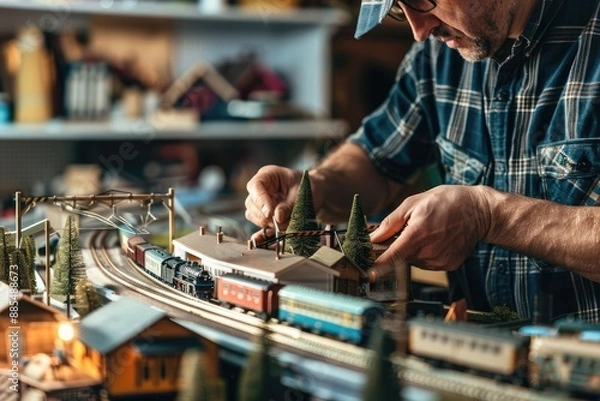 Fototapeta Man Building Model Train Set at Home
