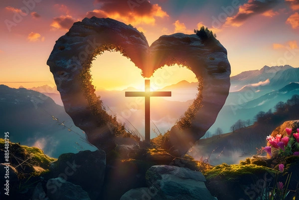 Fototapeta easter and good friday concept heart shaped empty tomb with cross on mountain sunrise background generative ai