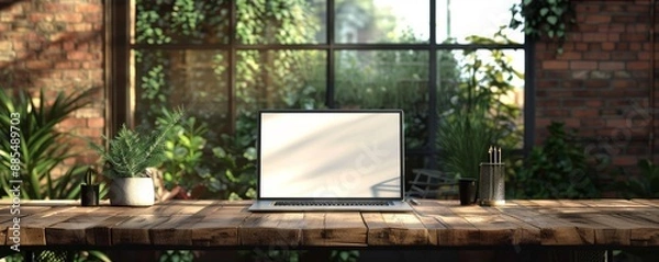 Fototapeta Wooden table with a laptop mockup in a modern home office, green plants and window in the background