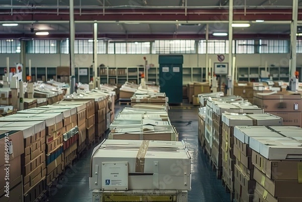 Obraz A vast warehouse filled with rows of neatly organized packages on pallets, ready for dispatch, creating an organized and efficient environment reflective of modern logistics.