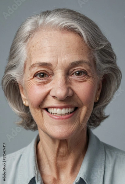 Fototapeta Portrait view of a regular happy smiling Georgia old woman, ultra realistic, candid, social media, avatar image, plain solid background