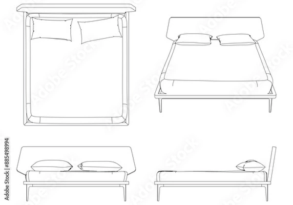 Fototapeta Vector Line Art of Bed. Interior Design and Bedroom Decoration Concepts with Front, Side, and Top Views