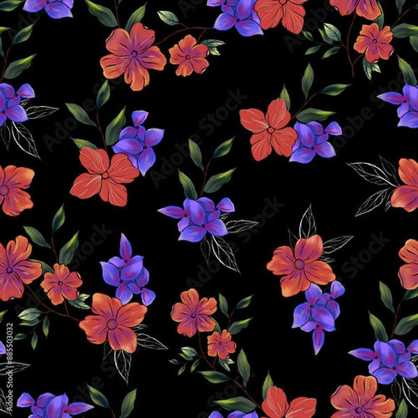 Obraz Colorful floral seamless pattern on black background