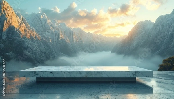 Fototapeta Stone podium on the background of picturesque snowy mountains, mockup for product presentation