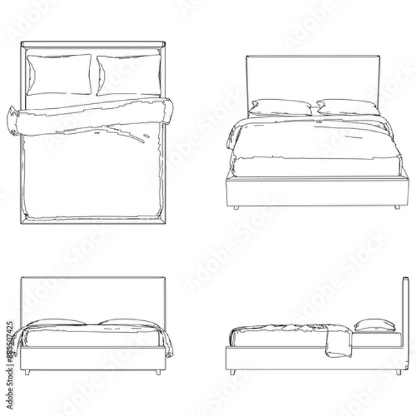 Fototapeta Vector Line Art of Bed. Interior Design and Bedroom Decoration Concepts with Front, Side, and Top Views