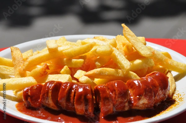 Obraz Berliner Curry-Wurst mit Pommes