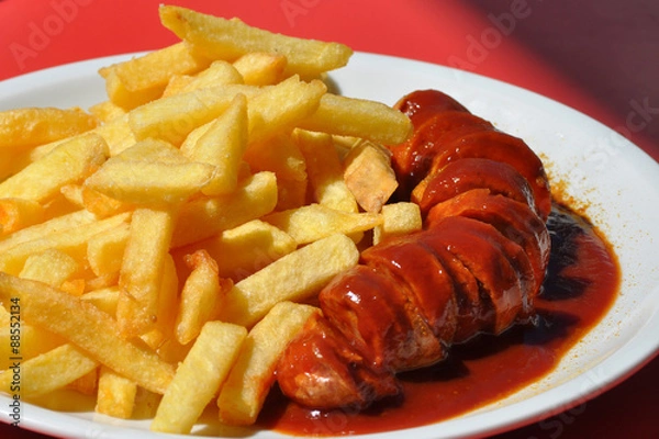 Obraz Berliner Curry-Wurst mit Pommes