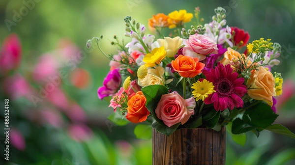Fototapeta A bouquet of roses is a timeless symbol of love and admiration, each bloom exuding elegance and grace. With petals ranging from delicate pastels to deep, rich hues, these roses create a stunning.