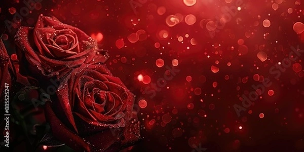 Obraz Red roses with dew drops on dark red blurred bokeh background