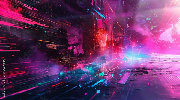 Fototapeta Abstract digital art background with glitch effects and neon colors, creating a futuristic and edgy visual effect