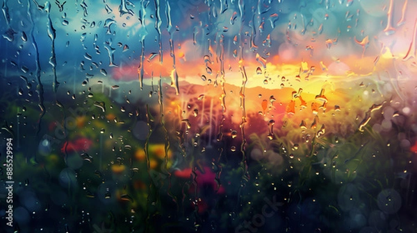 Fototapeta In this abstract background, drops of varying sizes and shapes scattered across the surface like a mosaic of liquid jewels. Each drop, suspended in motion, refracts light into a spectrum of colors.