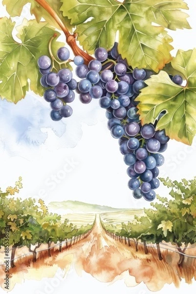 Fototapeta Autumn vineyard, harvesting grapes in a lush vineyard, wine season, watercolor style