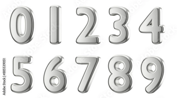 Obraz Set of 3d platinum numbers with transparent background, 3d render, PNG, 0 to 9, platinum, metallic