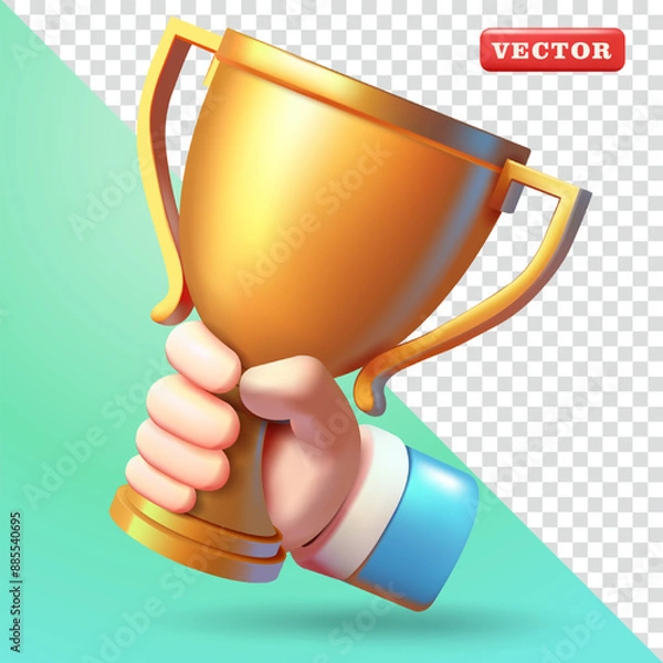 Fototapeta Hand holding a golden trophy, 3d vector. Suitable for design elements