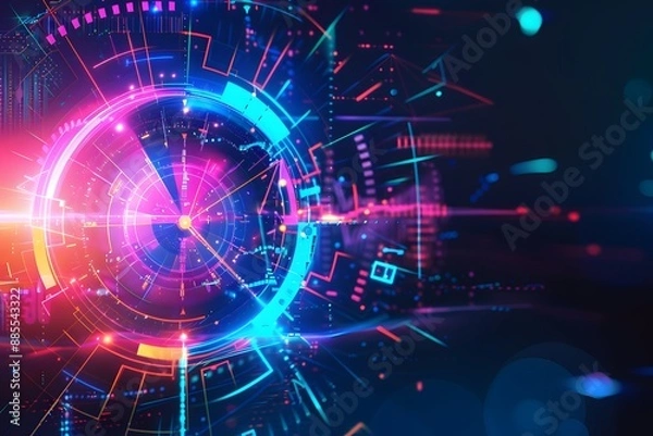 Fototapeta Abstract clock with technology background in colorful neon.