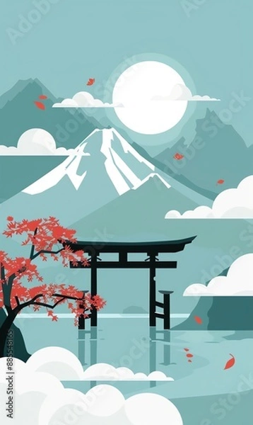 Fototapeta Serene Japanese landscape with Mount Fuji, Torii gate, and cherry blossom. Ideal for travel, culture, and Asian art.