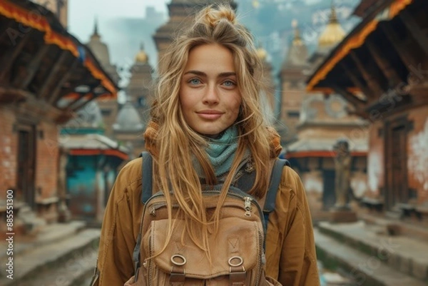 Fototapeta A youthful female traveler stands in a historic city adorned with temples, capturing a moment of awe and the profound charm of ancient architecture and cultural richness.