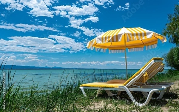 Fototapeta Beach chair and umbrella on the shore of Lake Balaton, Hungary