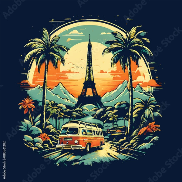 Obraz A retro style illustration of a tropical landscape with the Eiffel Tower in the background, featuring a vintage orange van, palm trees, mountains, and a vibrant sunset sky