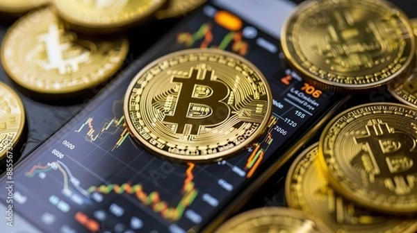 Fototapeta Bitcoin, a form of digital money, can be accessed through a smartphone in this picture.